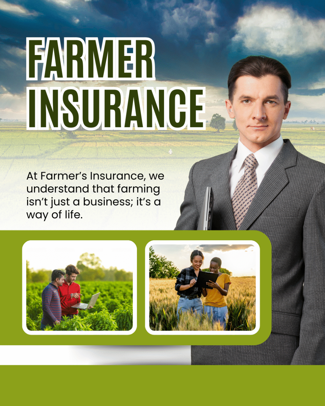 Farmers Insurance agent discussing coverage options with a client in an office setting