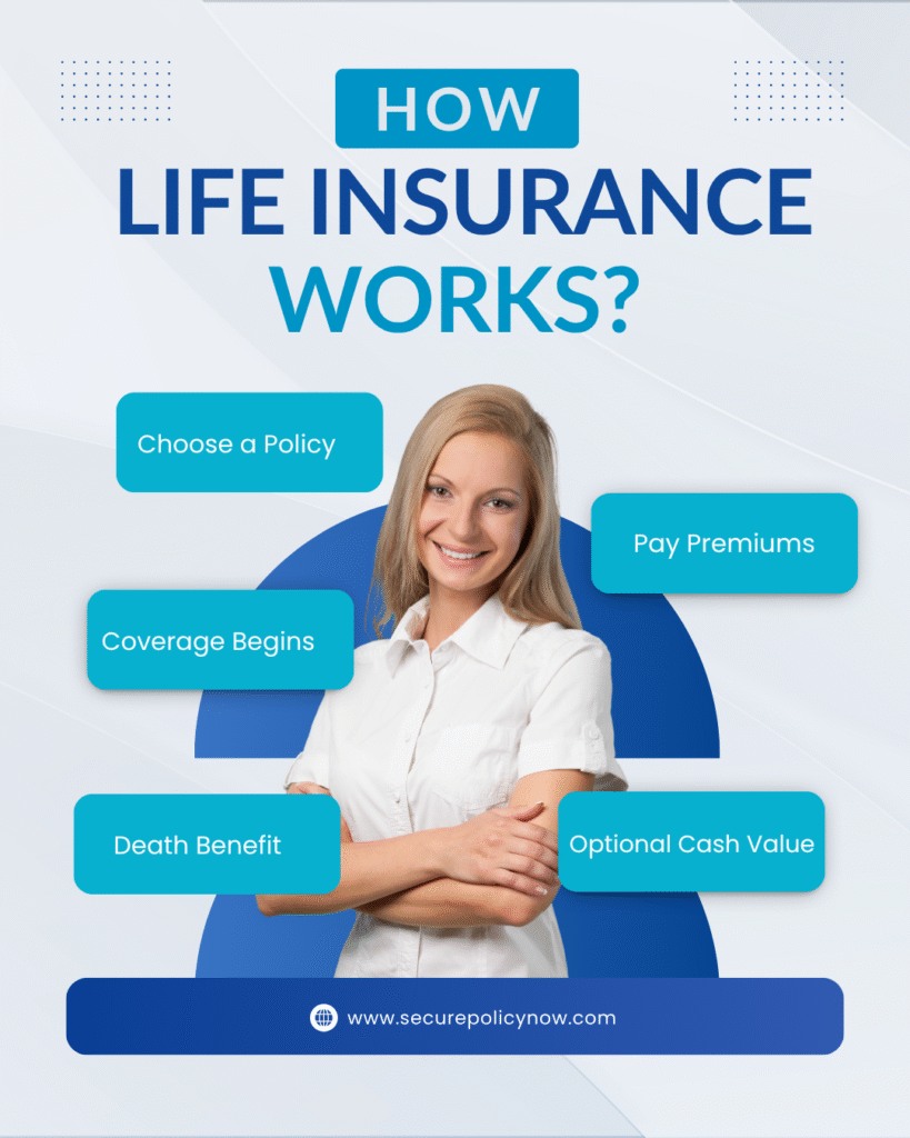 An infographic illustrating how life insurance works, showing premium payments, policyholder coverage, and beneficiary payout.