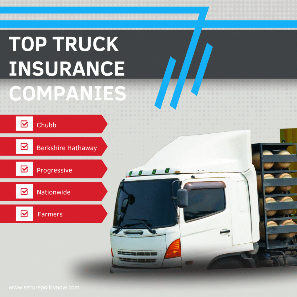 Logos of top truck insurance companies alongside a commercial truck on the road, symbolizing trusted coverage providers.